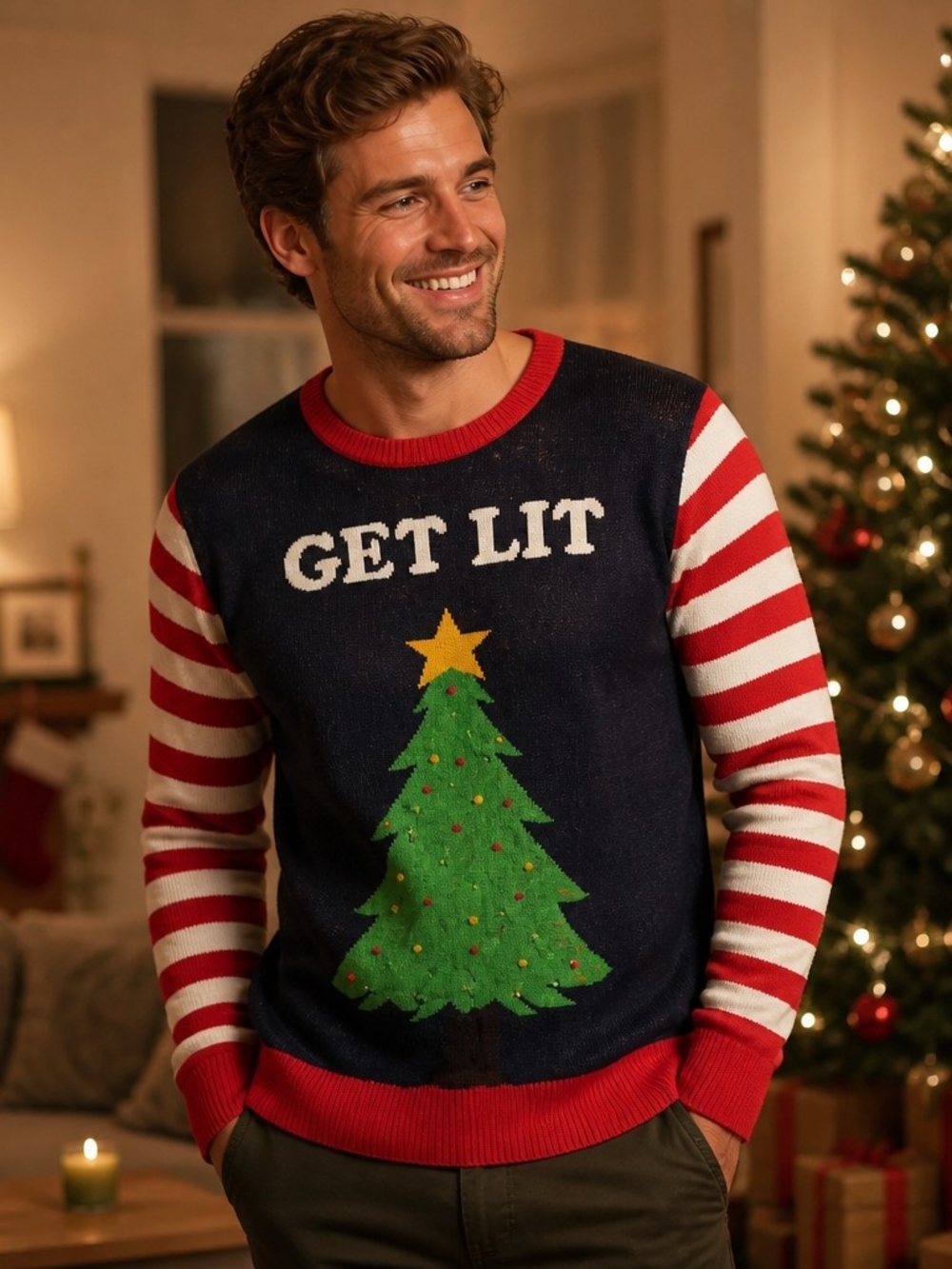 Tipsy Elves Navy 'GET LIT' Christmas Sweater with Red & White Striped Sleeves